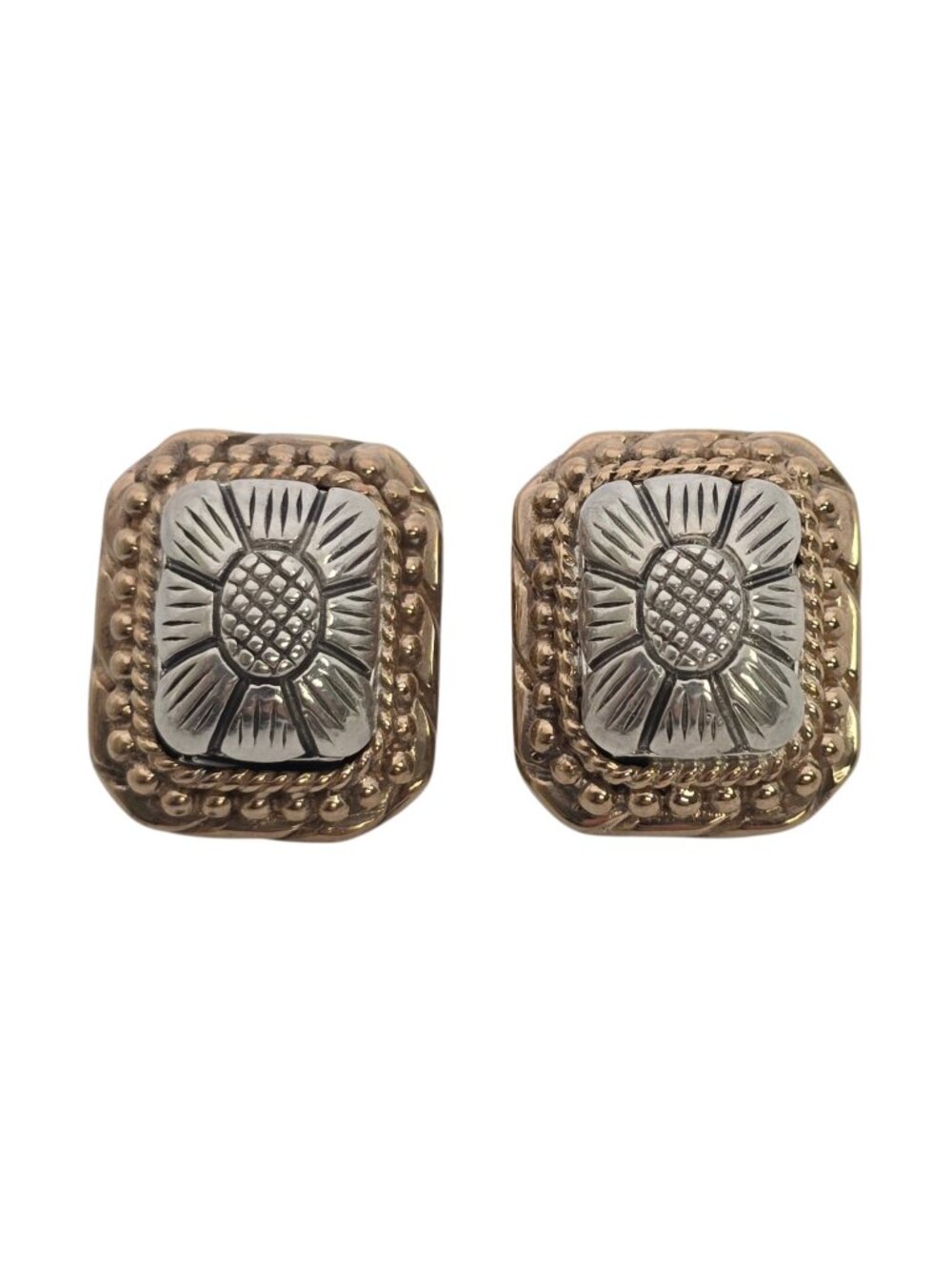 Stephen Dweck Sterling Silver Gold Tone Square Flower Omega Earrings #25650